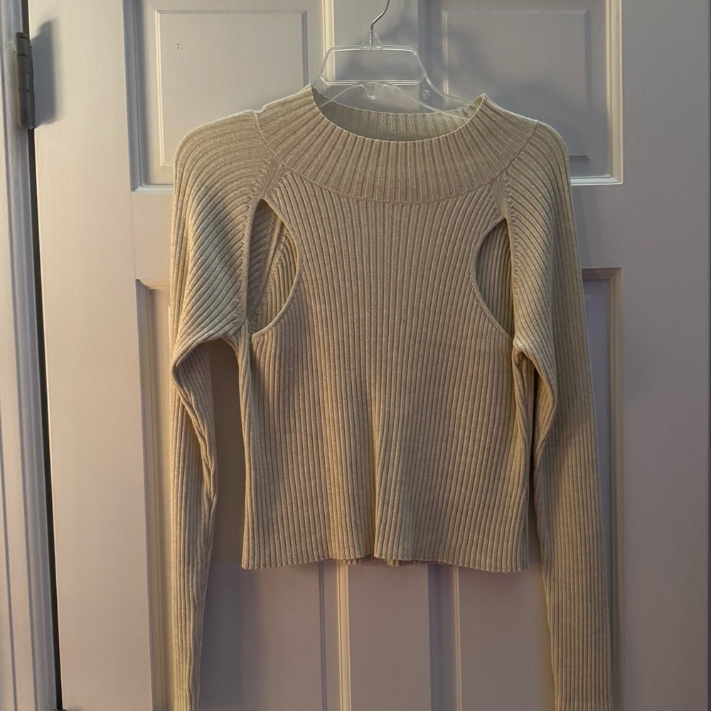 Open Edit Cream Ribbed Sweater with Cutouts